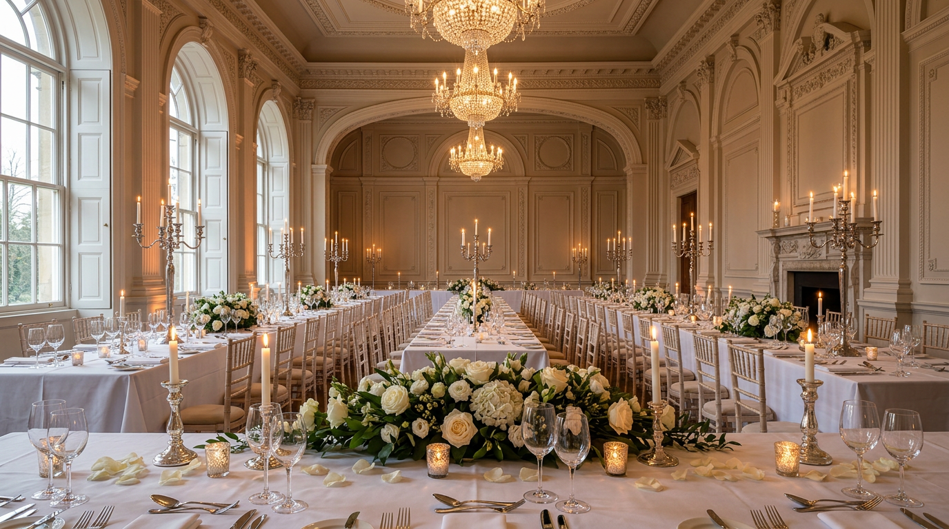 Elegant candlelit wedding reception with floral tablescapes and refined venue architecture